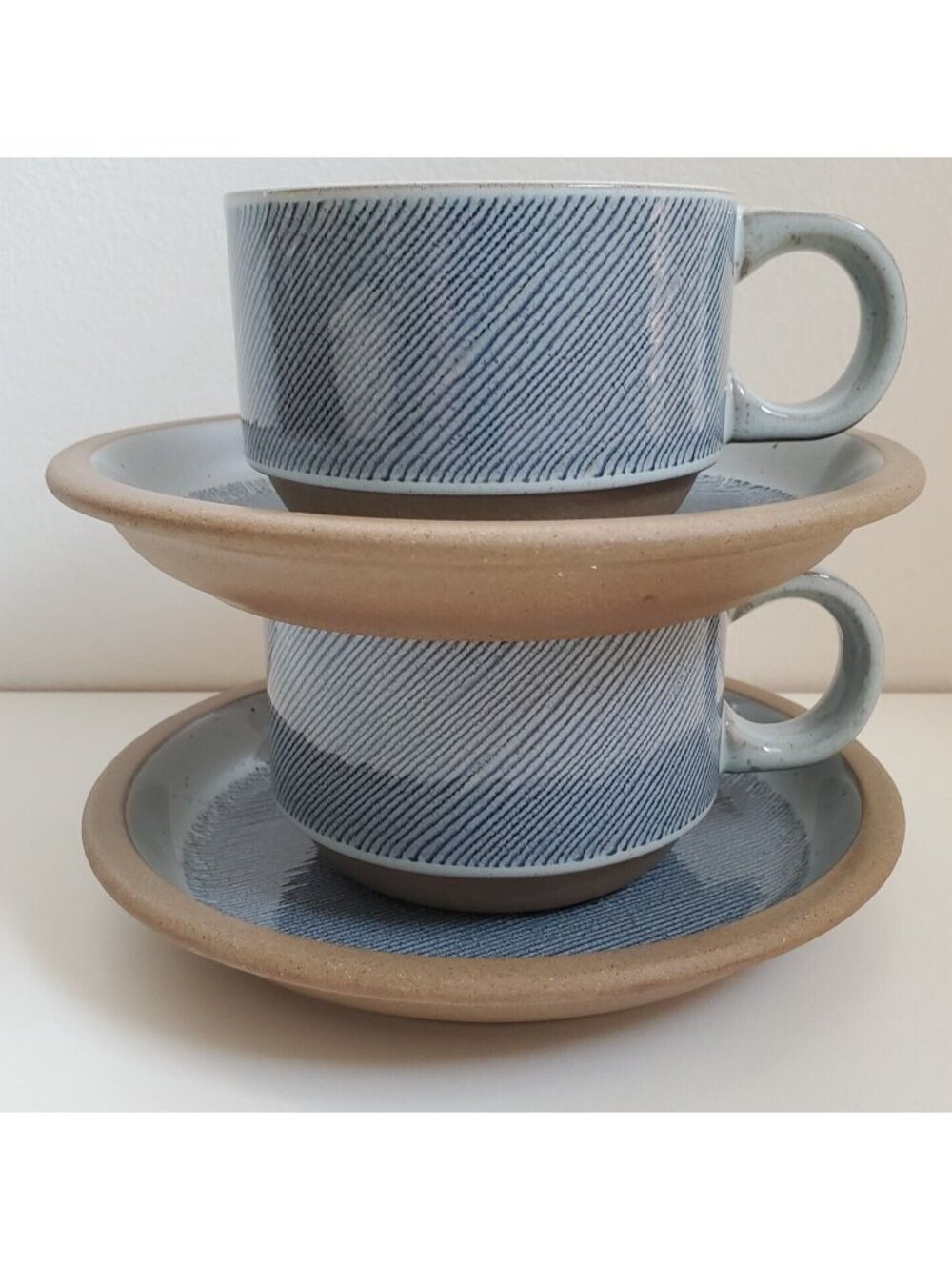 Midwinter Wedgwood Denim Teacup Saucer Set of 2 Blue Brown Stoneware Vintage
